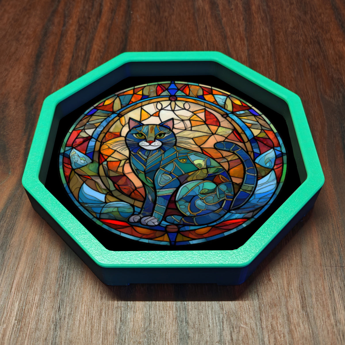Octagonal tabletop dice tray with raised sides and a printed base, ideal for rolling dice during DnD, RPG and board games
