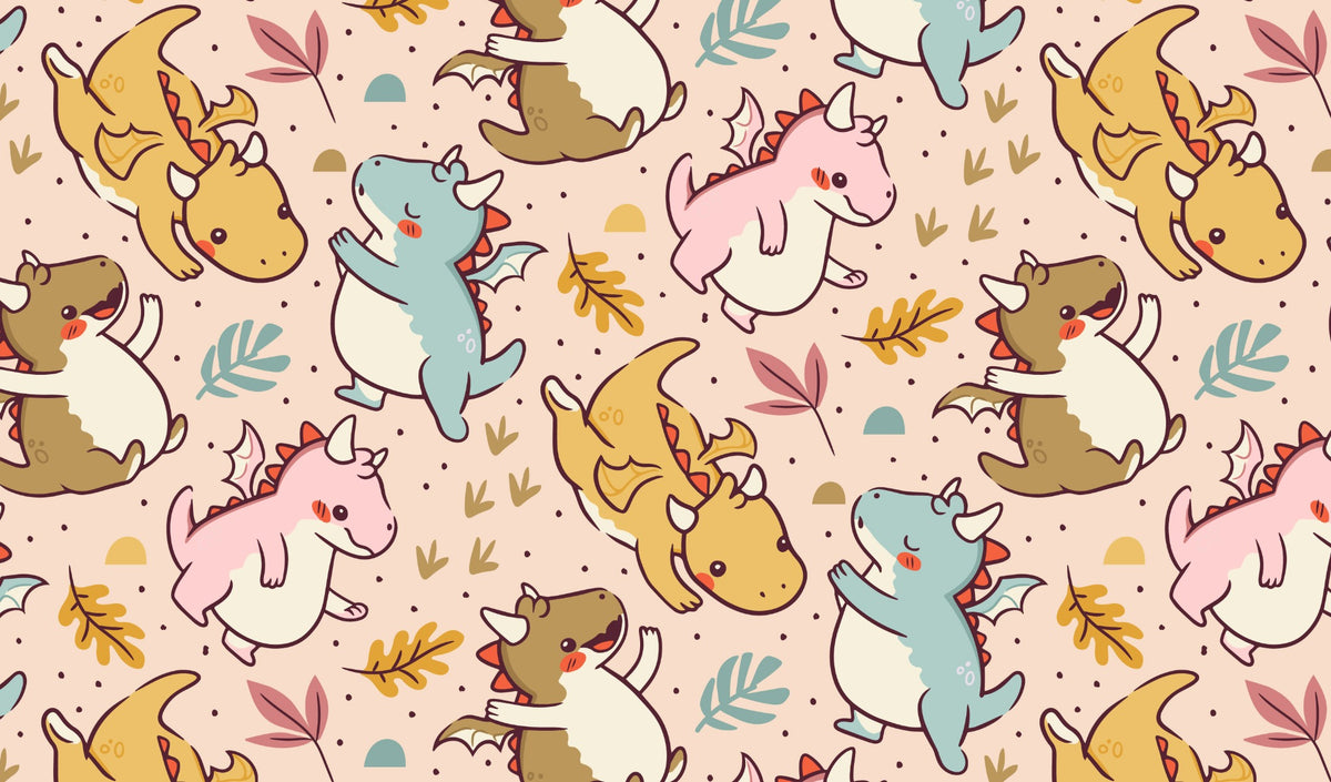 Close-up of exact Cute Baby Dragons repeat pattern with pastel dragon illustrations