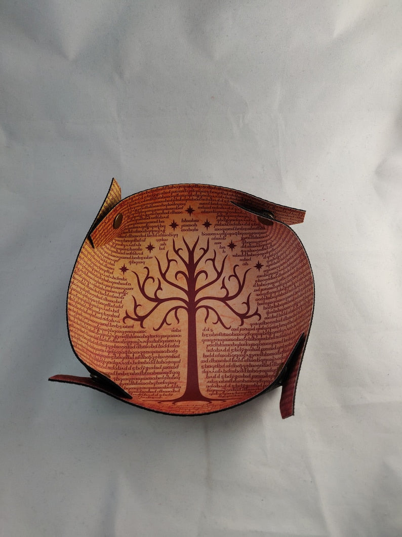 Folding dice tray with fantasy tree design