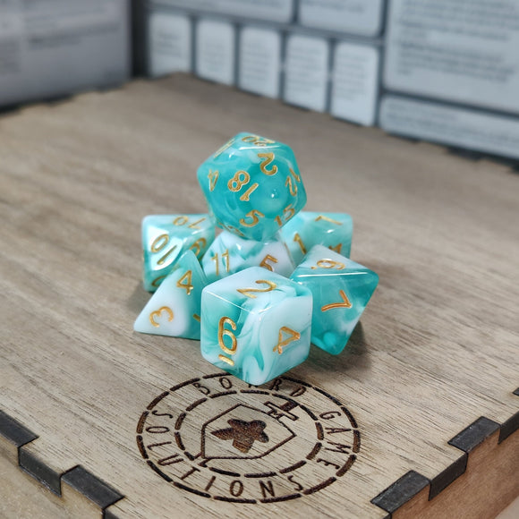 Dice Set - Winter Morning - White Teal Marble Board Game Accessories, Tabletop Gaming Gifts, RPG Dnd Dice