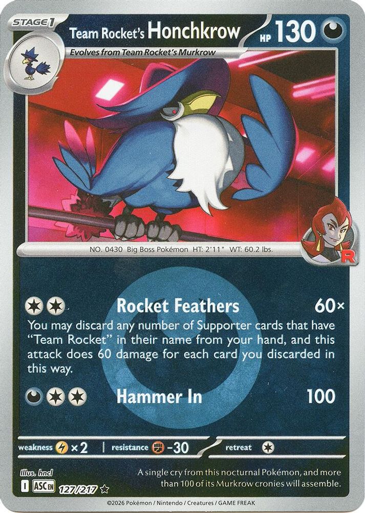 Team Rocket's Honchkrow (Energy Symbol Pattern) - 127/217 - Reverse Holo - ASCENDED HEROES - Pokemon - | AA19-54