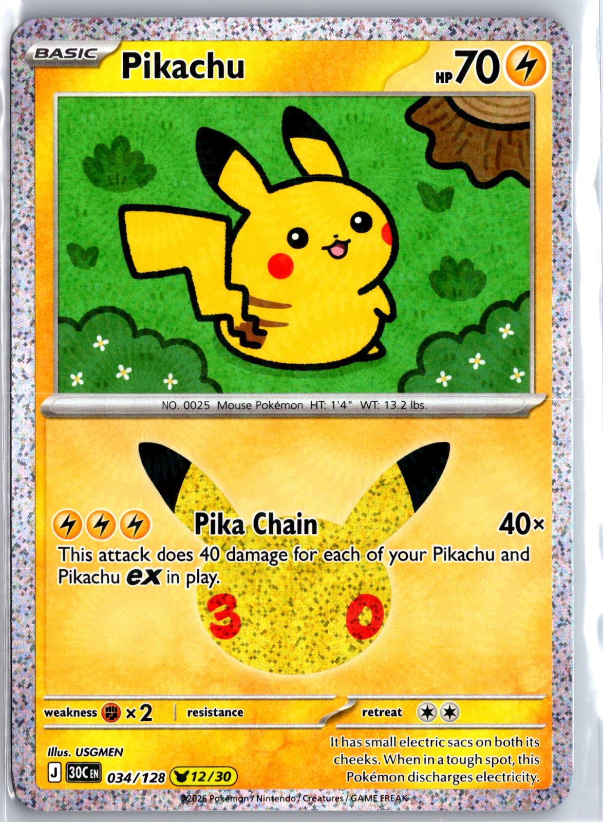 Pikachu - 034/128 - Holo - ME: 30TH CELEBRATION - Pokemon - | AA95-2