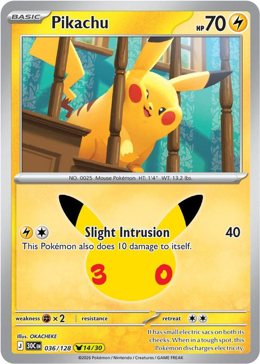 Pikachu - 036/128 - Holo - ME: 30TH CELEBRATION - Pokemon - | AA95-5