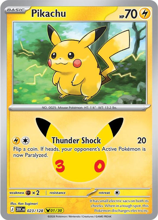 Pikachu - 023/128 - Holo - ME: 30TH CELEBRATION - Pokemon - | AA95-9