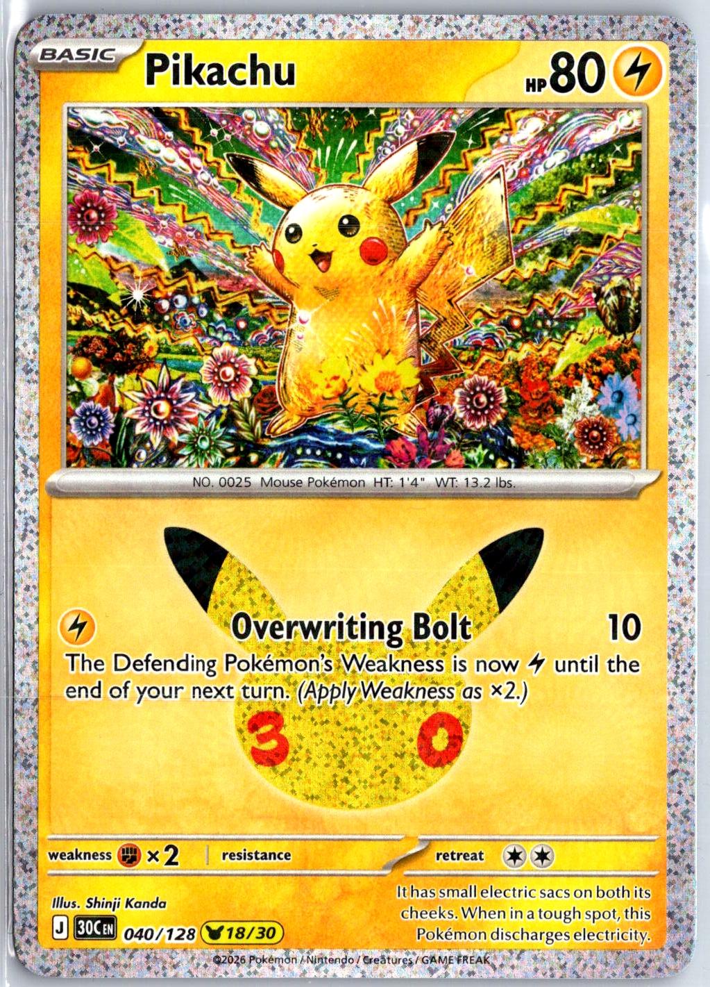 Pikachu - 040/128 - Holo - ME: 30TH CELEBRATION - Pokemon - | AC30-1