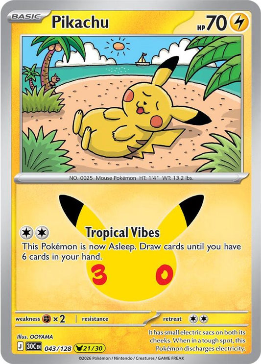 Pikachu - 043/128 - Holo - ME: 30TH CELEBRATION - Pokemon - | AA95-25
