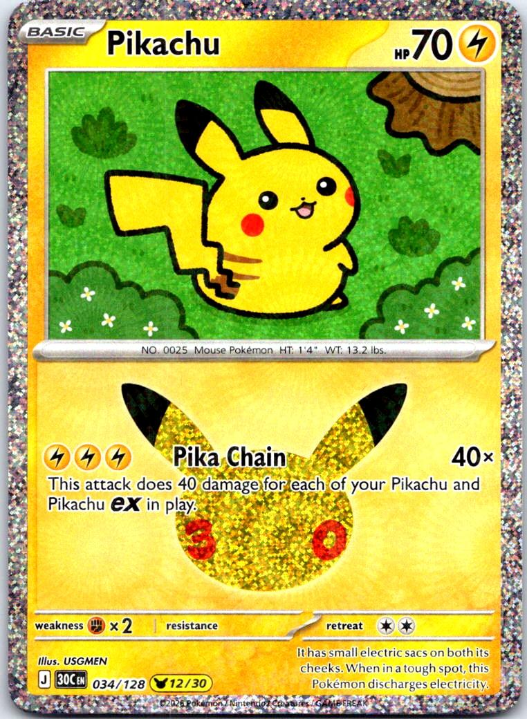 Pikachu - 034/128 - Holo - ME: 30TH CELEBRATION - Pokemon - | AB42-7