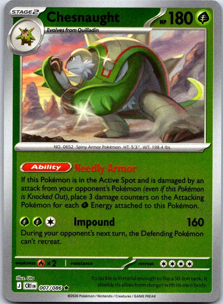 Chesnaught - 007/086 - Reverse Holo - CHAOS RISING - Pokemon - Rare | AB01-7
