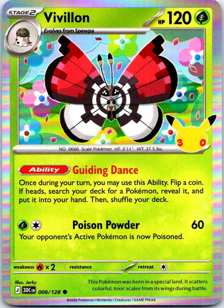 Vivillon - 008/128 - Holo - ME: 30TH CELEBRATION - Pokemon - Common | AC31-24