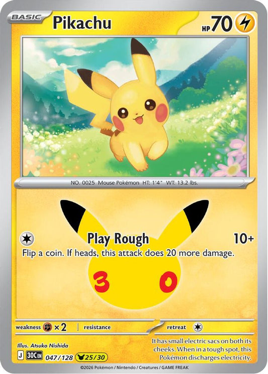 Pikachu - 047/128 - Holo - ME: 30TH CELEBRATION - Pokemon - | AA95-26