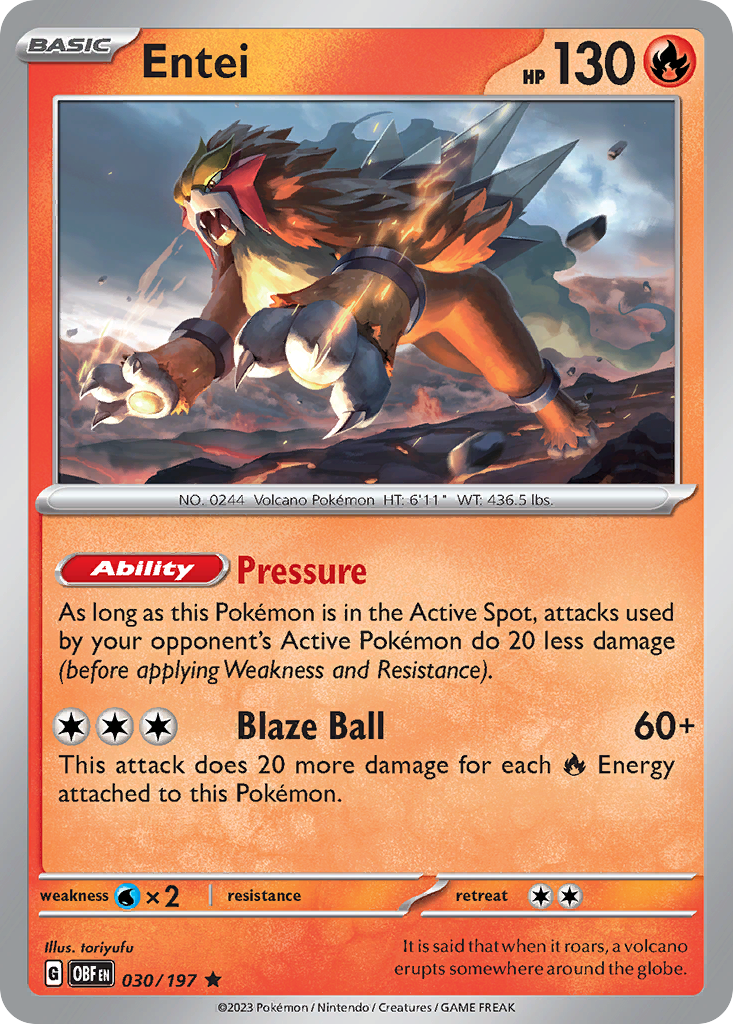 Entei - 030/197 - Holo - OBSIDIAN FLAMES - Pokemon - Rare | AA06-66
