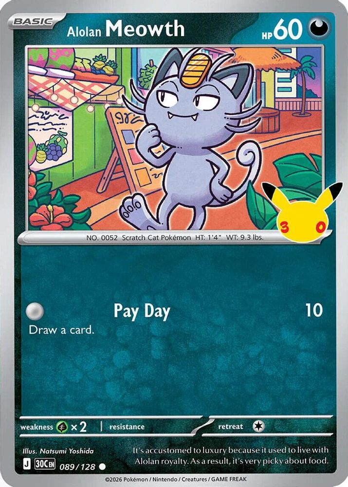 Alolan Meowth - 089/128 - Holo - ME: 30TH CELEBRATION - Pokemon - | AA97-33