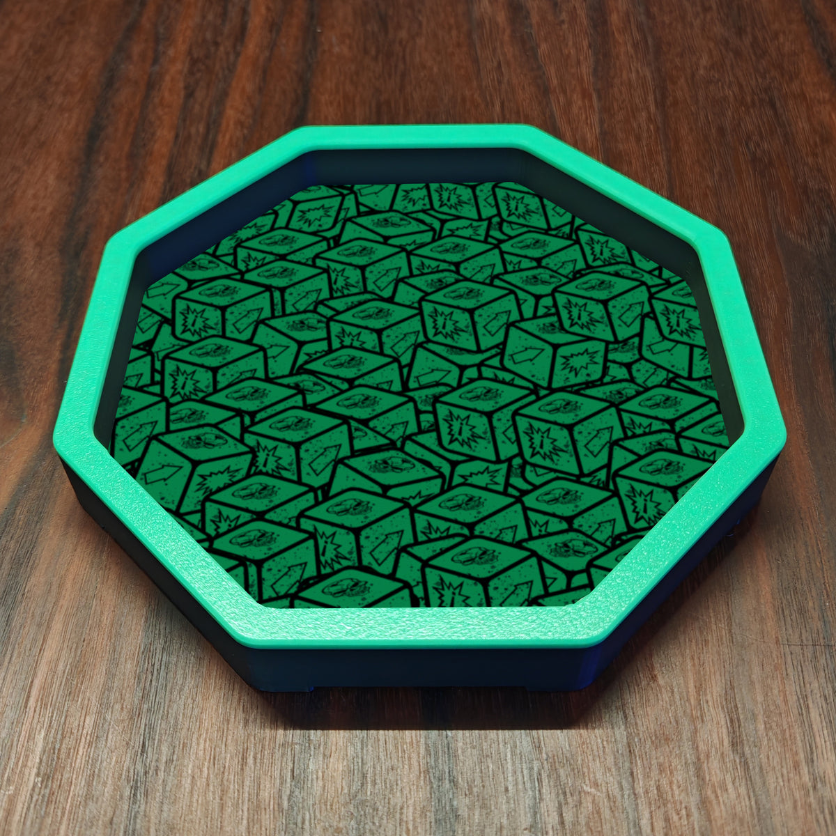 Octagonal tabletop dice tray with raised sides and a printed base, ideal for rolling dice during DnD, RPG and board games