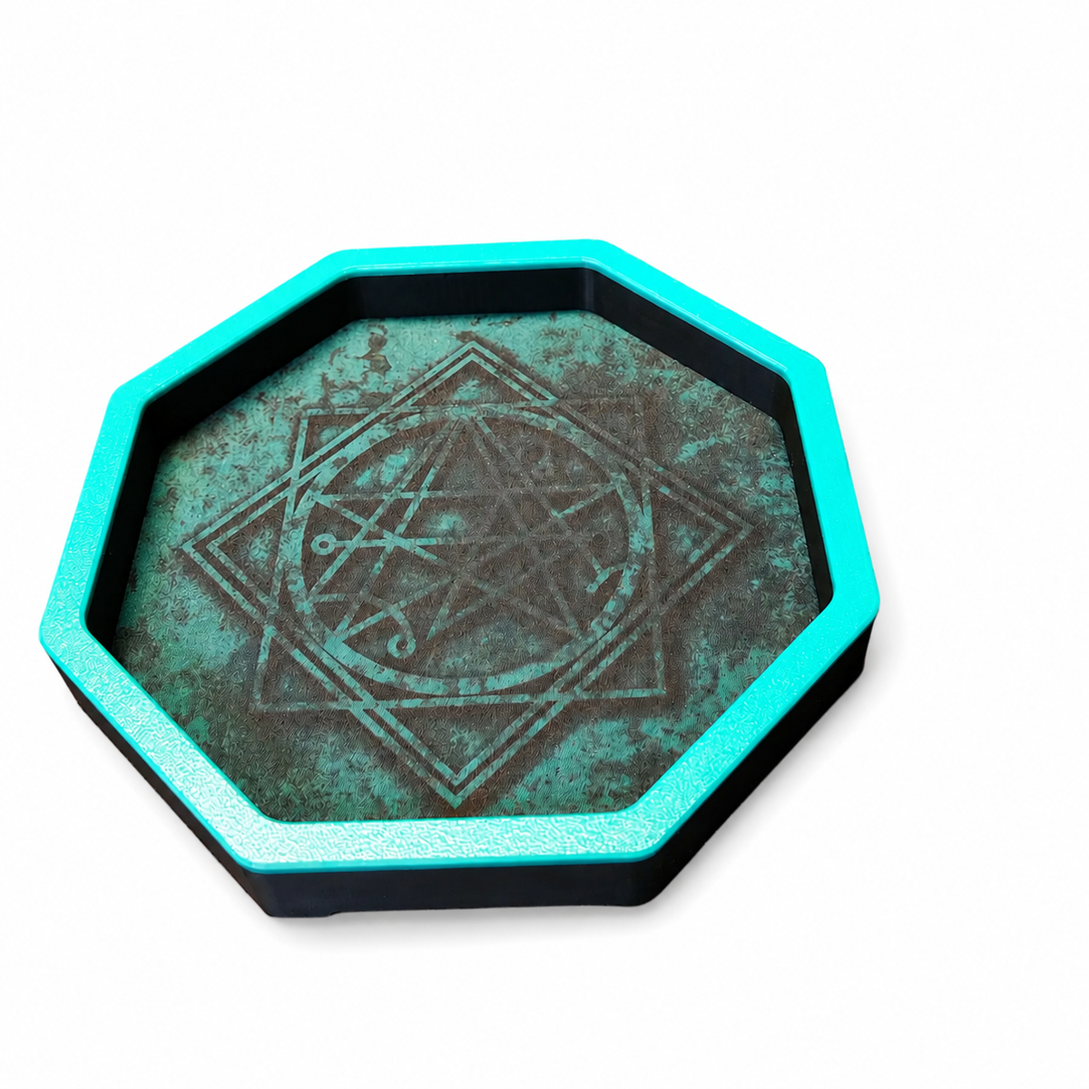Octagonal tabletop dice tray with raised sides and a printed base, ideal for rolling dice during DnD, RPG and board games