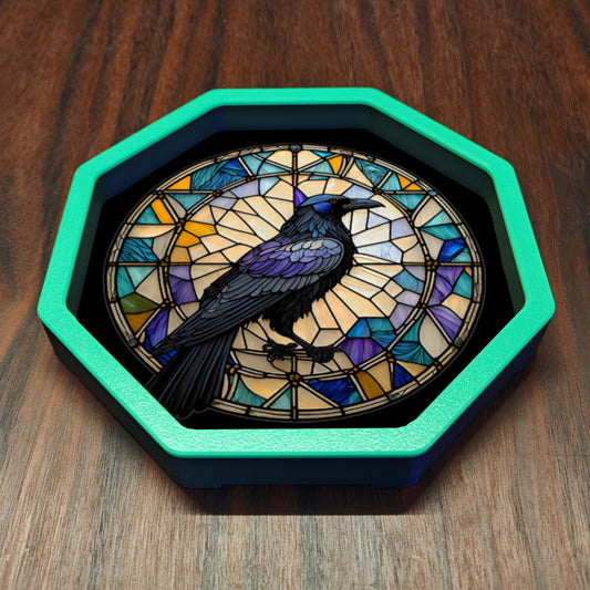 Octagonal tabletop dice tray with raised sides and a printed base, ideal for rolling dice during DnD, RPG and board games