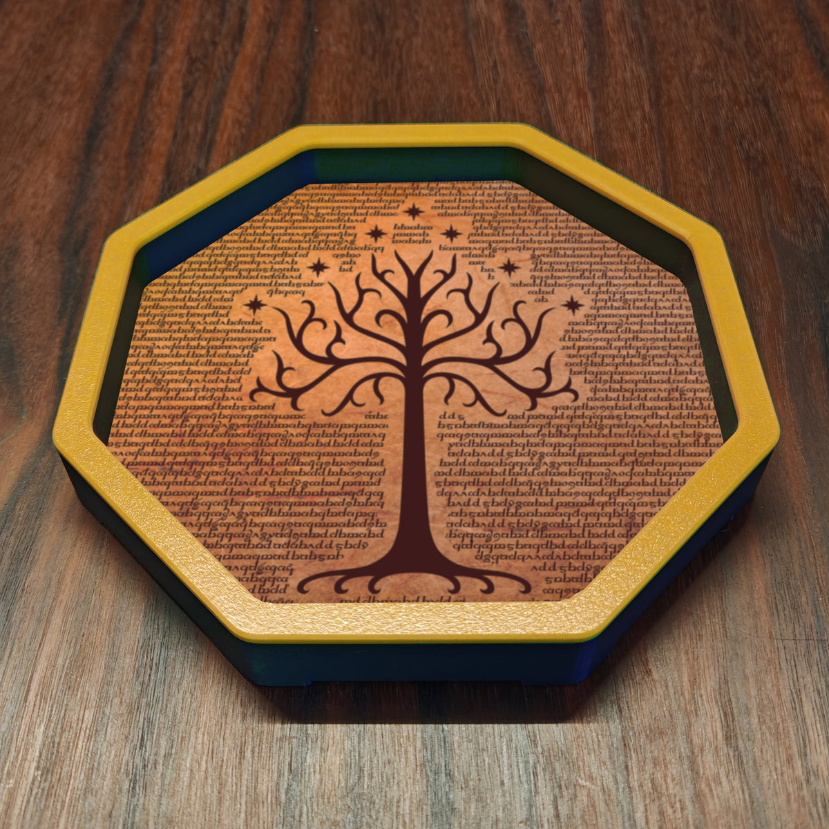 Octagonal tabletop dice tray with raised sides and a printed base, ideal for rolling dice during DnD, RPG and board games