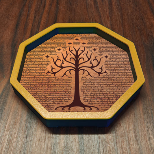 Octagonal tabletop dice tray with raised sides and a printed base, ideal for rolling dice during DnD, RPG and board games