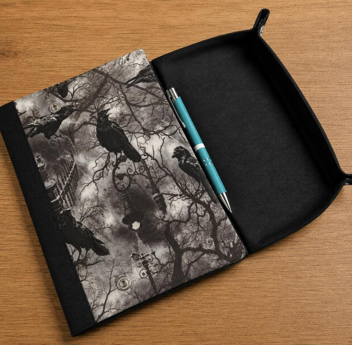 Gothic Raven handmade A5 notebook cover with fold-out dice rolling tray