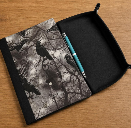 Gothic Raven handmade A5 notebook cover with fold-out dice rolling tray