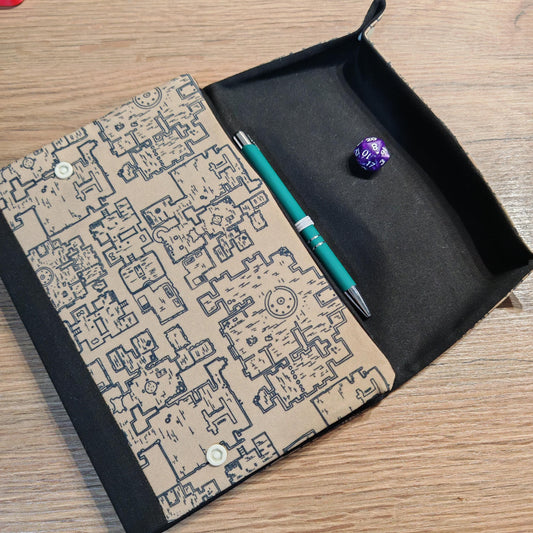 Dungeon Map handmade A5 notebook cover with fold-out dice rolling tray