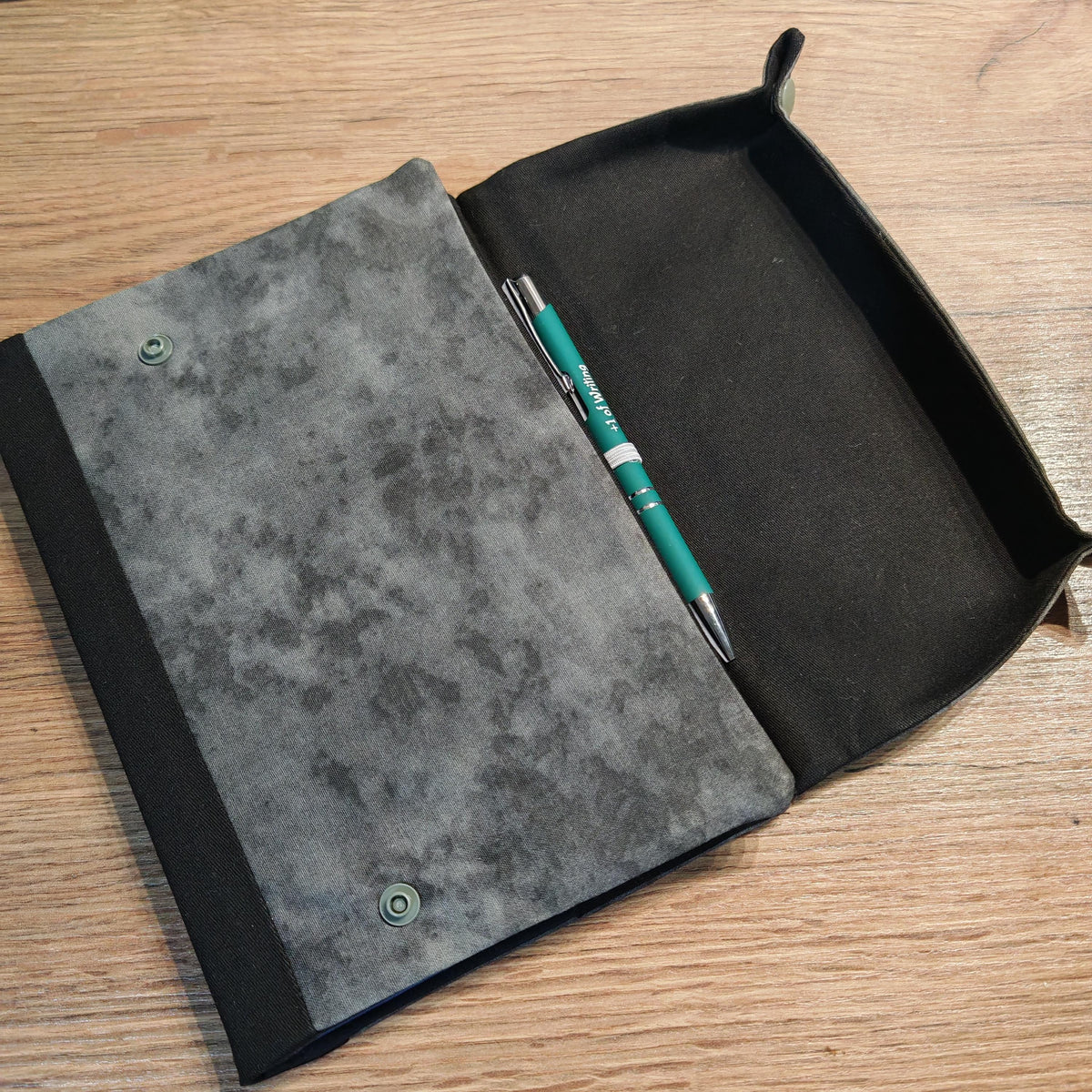 Grey Pattern handmade A5 notebook cover with fold-out dice rolling tray