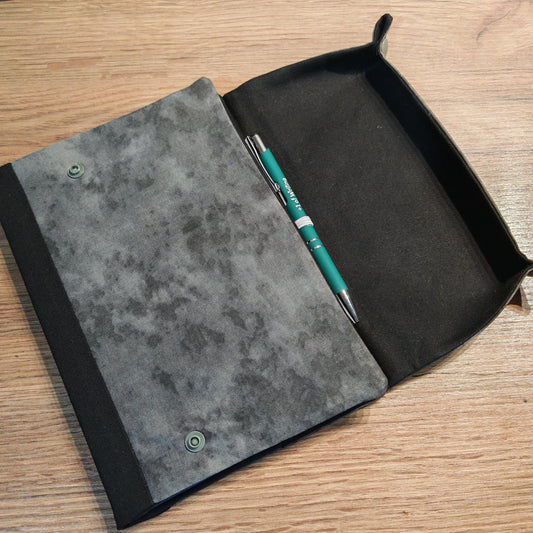Grey Pattern handmade A5 notebook cover with fold-out dice rolling tray