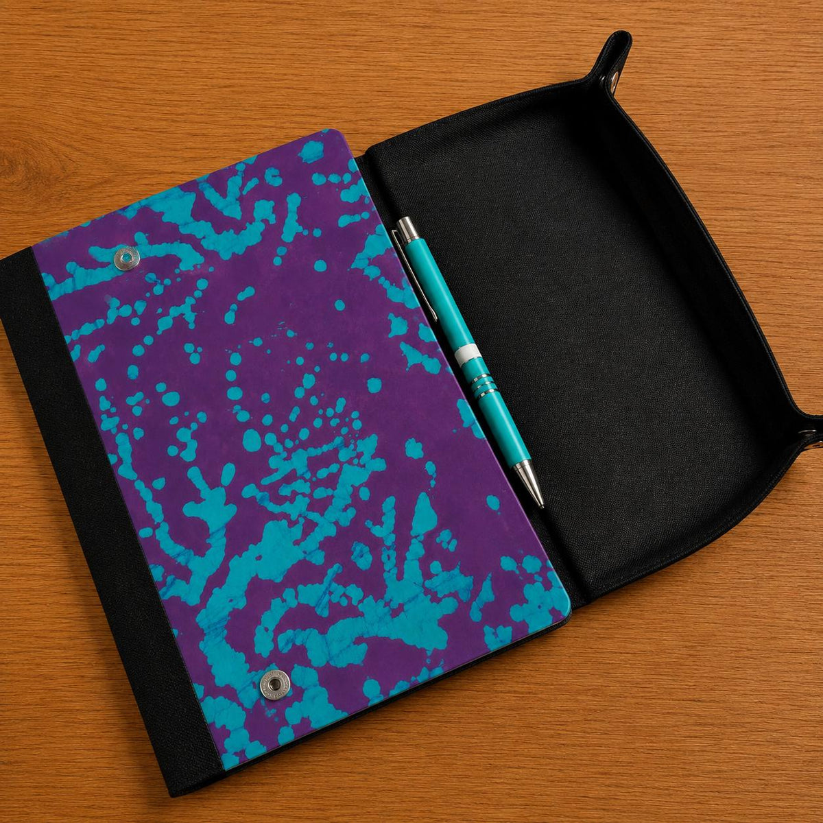 Patterned Gaming handmade A5 notebook cover with fold-out dice rolling tray