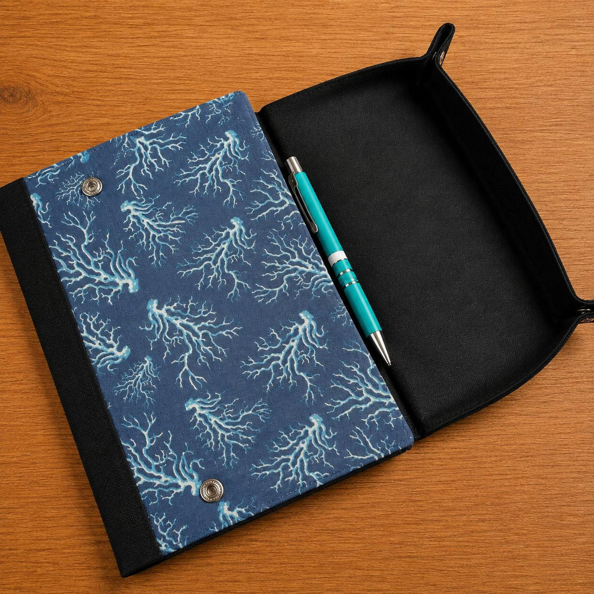 Lightning handmade A5 notebook cover with fold-out dice rolling tray