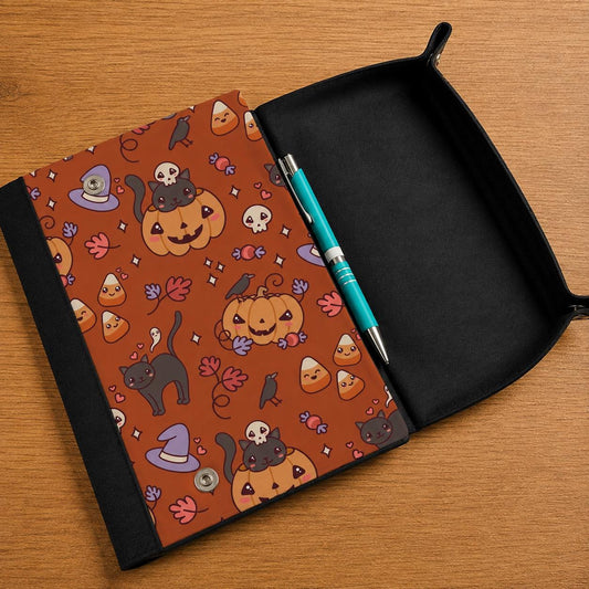 Halloween Cat handmade A5 notebook cover with fold-out dice rolling tray