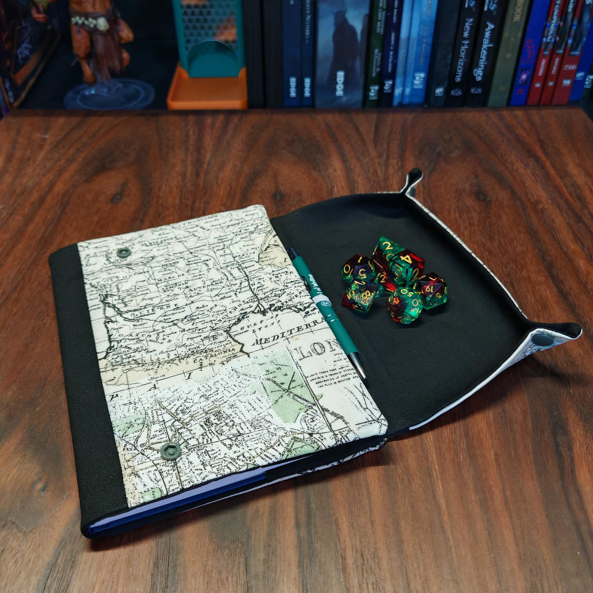 Vintage Map handmade A5 notebook cover with fold-out dice rolling tray