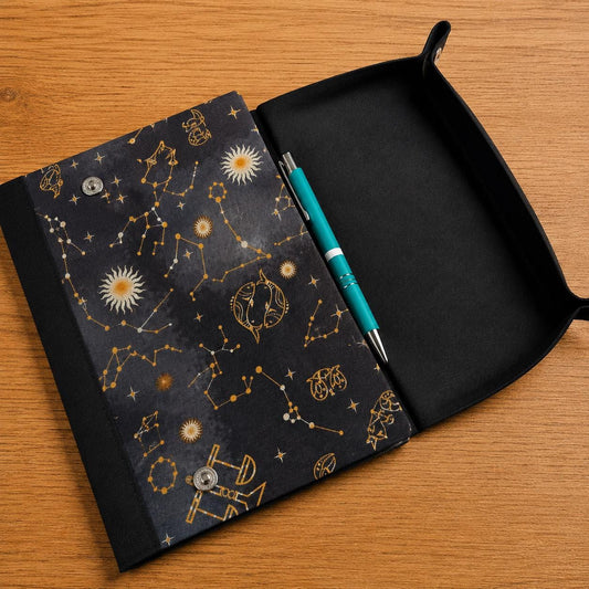 Zodiac handmade A5 notebook cover with fold-out dice rolling tray