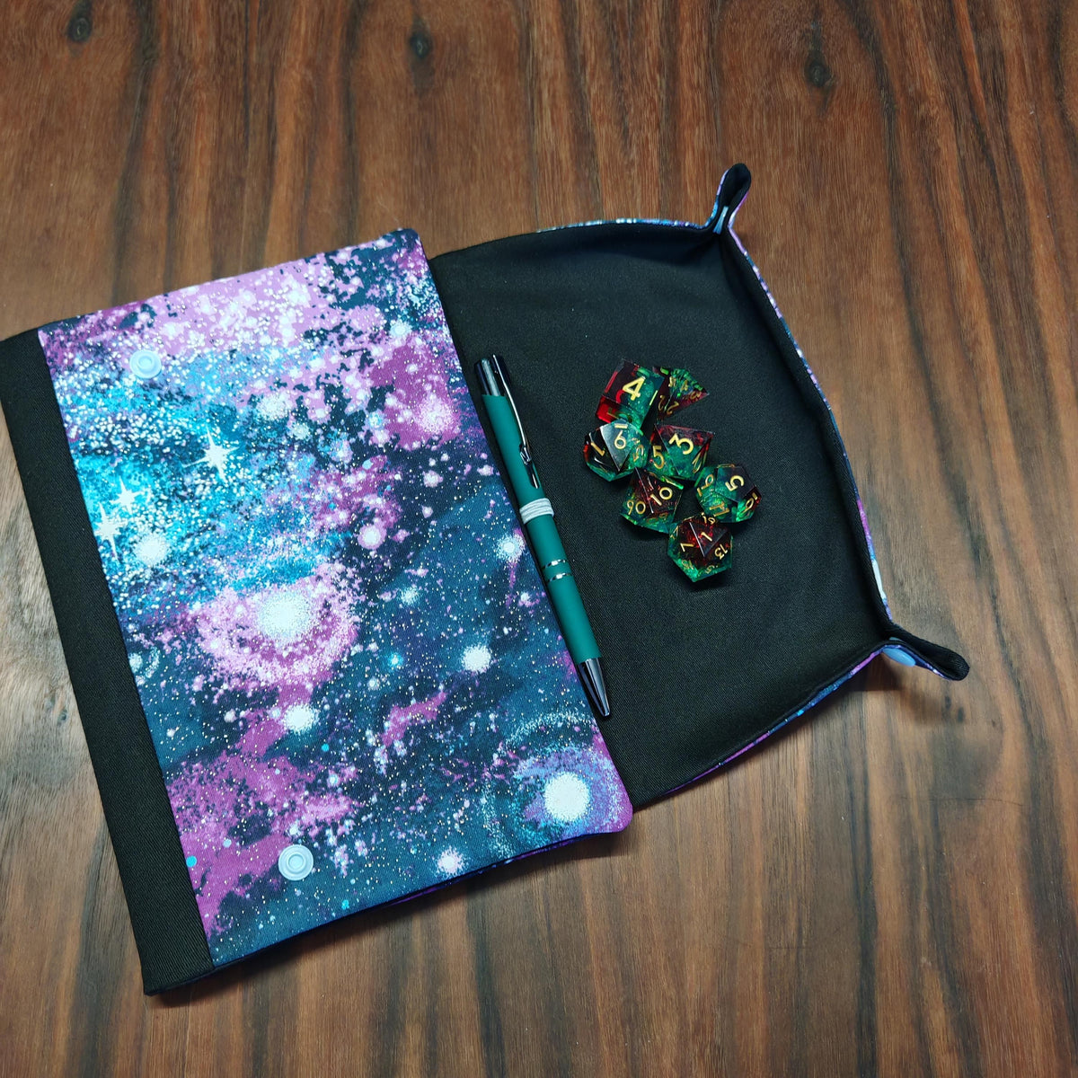 Purple Gaming handmade A5 notebook cover with fold-out dice rolling tray
