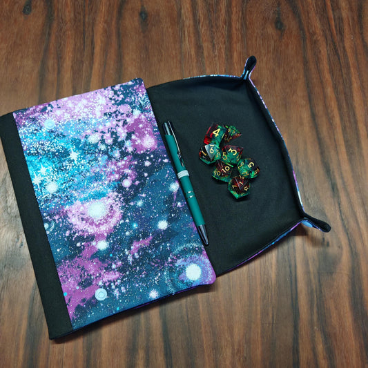Purple Gaming handmade A5 notebook cover with fold-out dice rolling tray