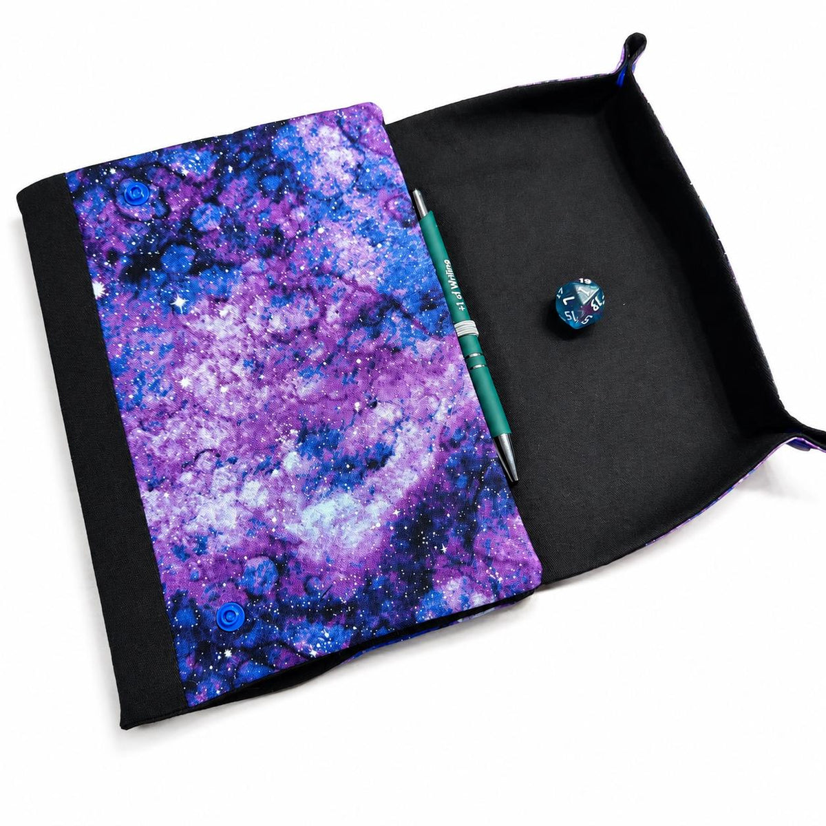 Purple Galaxy handmade A5 notebook cover with fold-out dice rolling tray