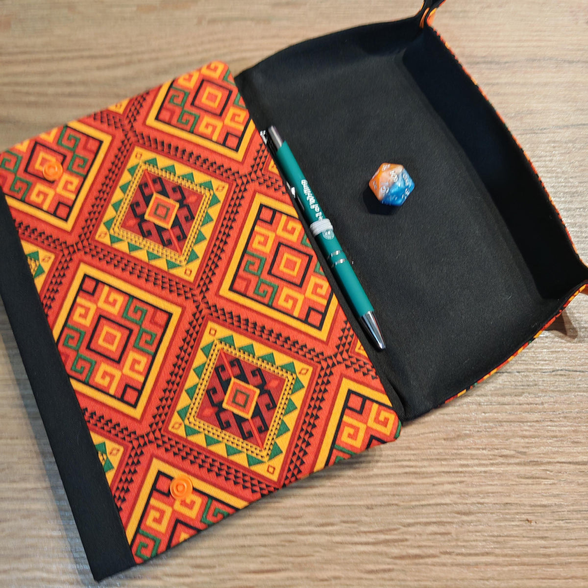 Orange Pattern handmade A5 notebook cover with fold-out dice rolling tray