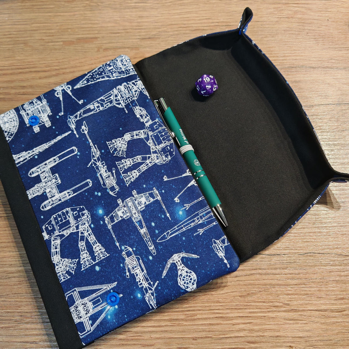 Classic Gaming Pattern handmade A5 notebook cover with fold-out dice rolling tray