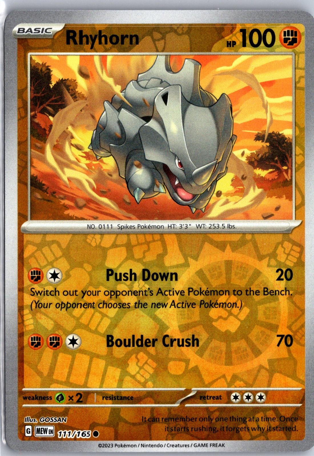 Rhyhorn - 111/165 - Reverse Holo - 151 - Pokemon - Common | AA130-6