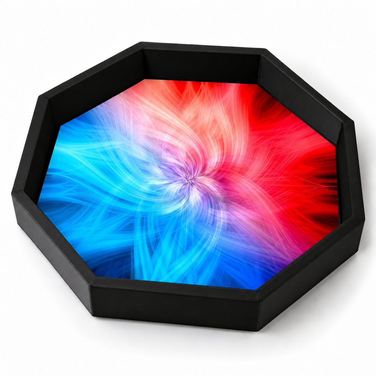 Abstract Red Blue Swirl dice tray in black octagonal frame on white background