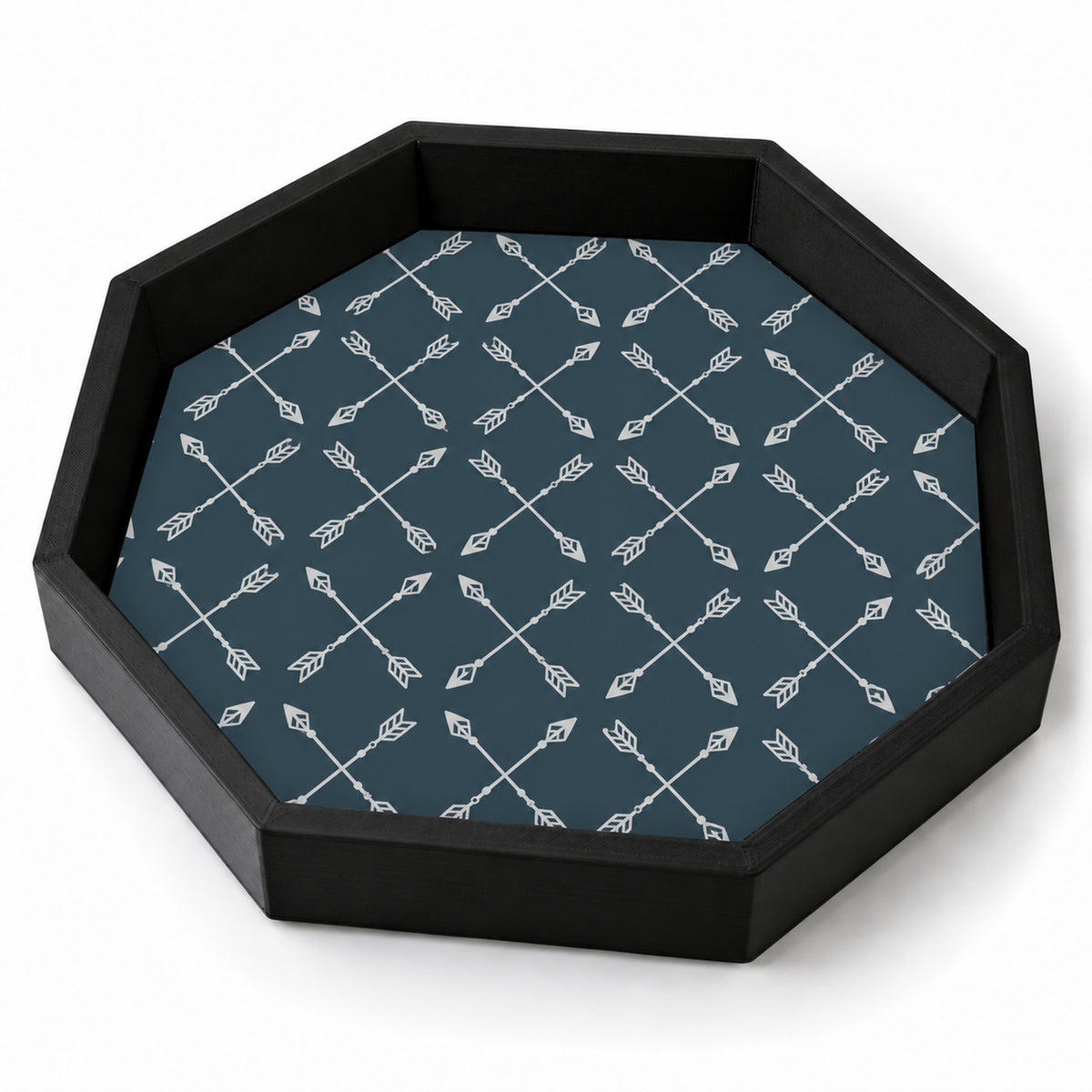 Archer Arrow Pattern dice tray in black octagonal frame on white background