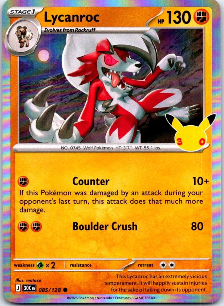 Lycanroc - 085/128 - Holo - ME: 30TH CELEBRATION - Pokemon - Common | AC31-44