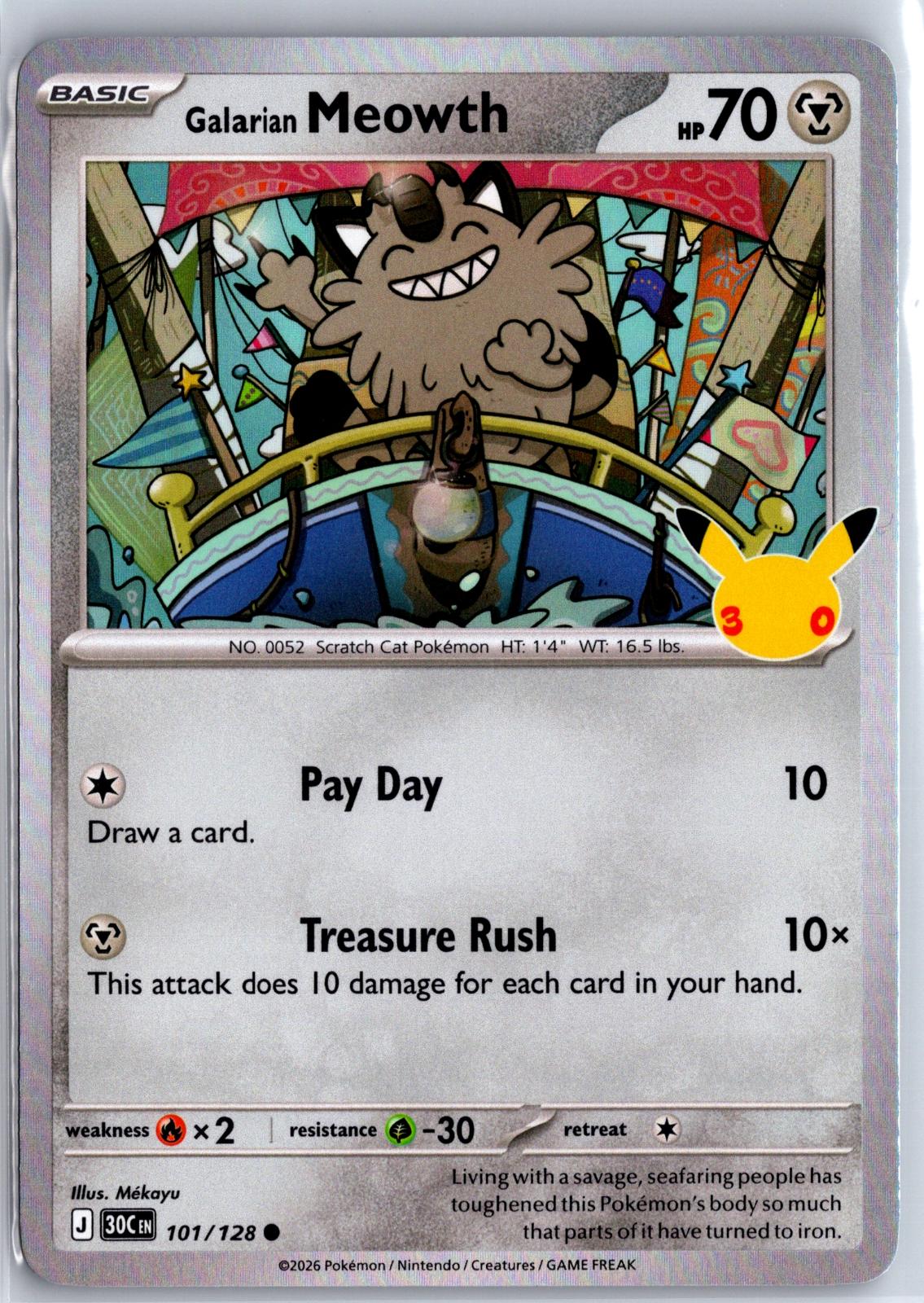 Galarian Meowth - 101/128 - Holo - ME: 30TH CELEBRATION - Pokemon - | AA97-13