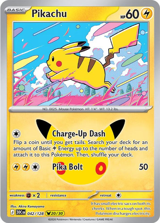 Pikachu - 042/128 - Holo - ME: 30TH CELEBRATION - Pokemon - | AA95-16