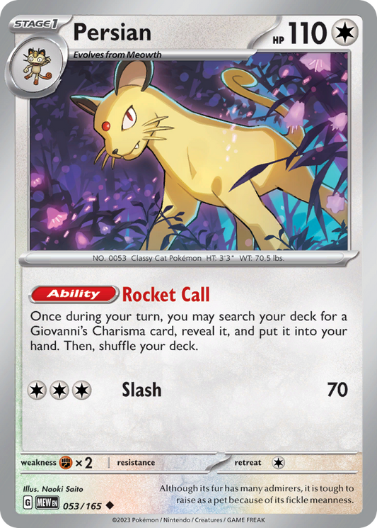Persian - 053/165 - Reverse Holo - 151 - Pokemon - Uncommon | AA62-12