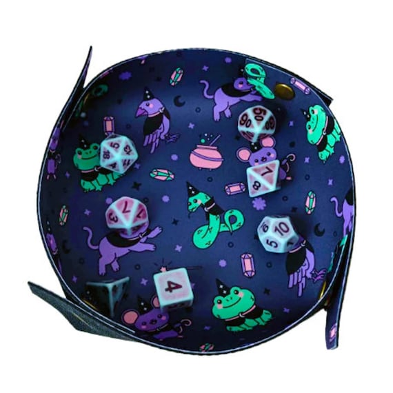 Cute fantasy animals folding neoprene dice tray, green purple pattern