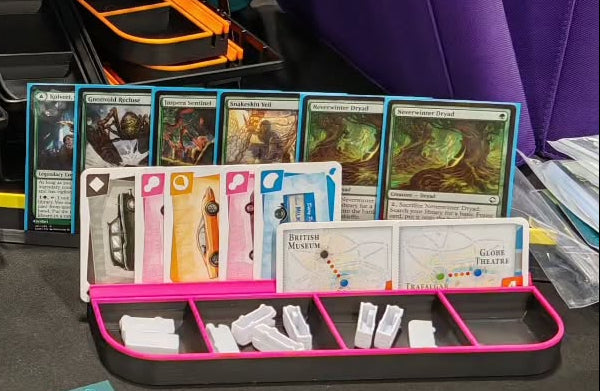 Two-colour 3D printed tabletop card holder with four token compartments – product view 2