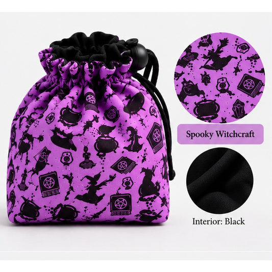 Illustrative mock-up of made-to-order drawstring dice bag in Spooky Witchcraft fabric with black lining