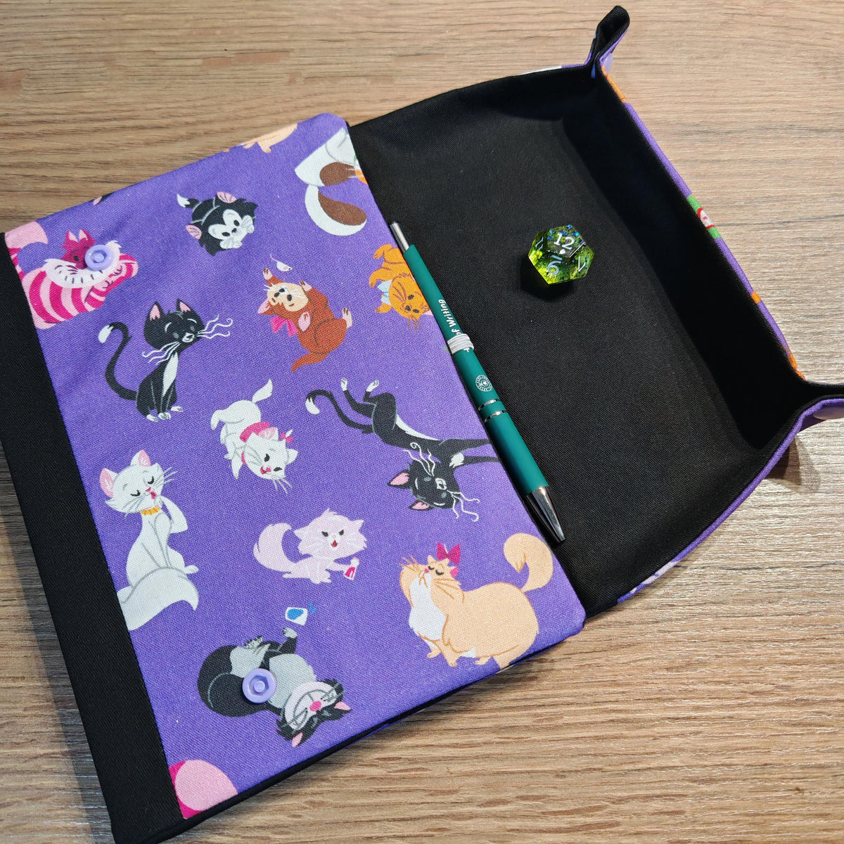 Cat print A5 gaming notebook with integrated fold-out dice tray