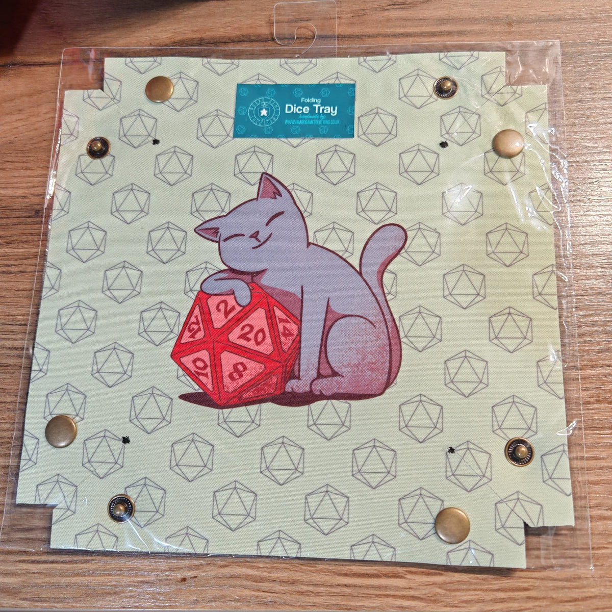 Ready to ship folding dice tray featuring Cat with D20