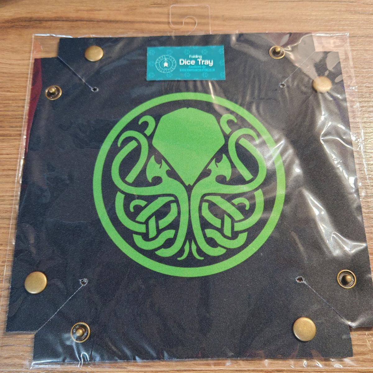 Ready to ship folding dice tray featuring Green Cthulhu Symbol