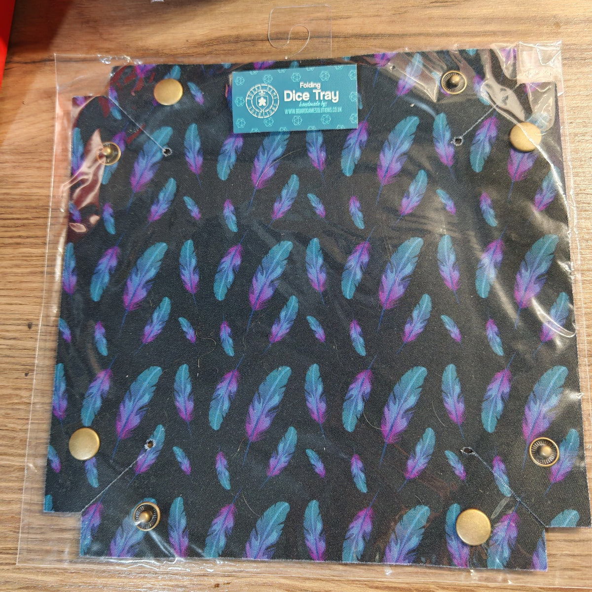 Ready to ship folding dice tray featuring Purple and Teal Feathers